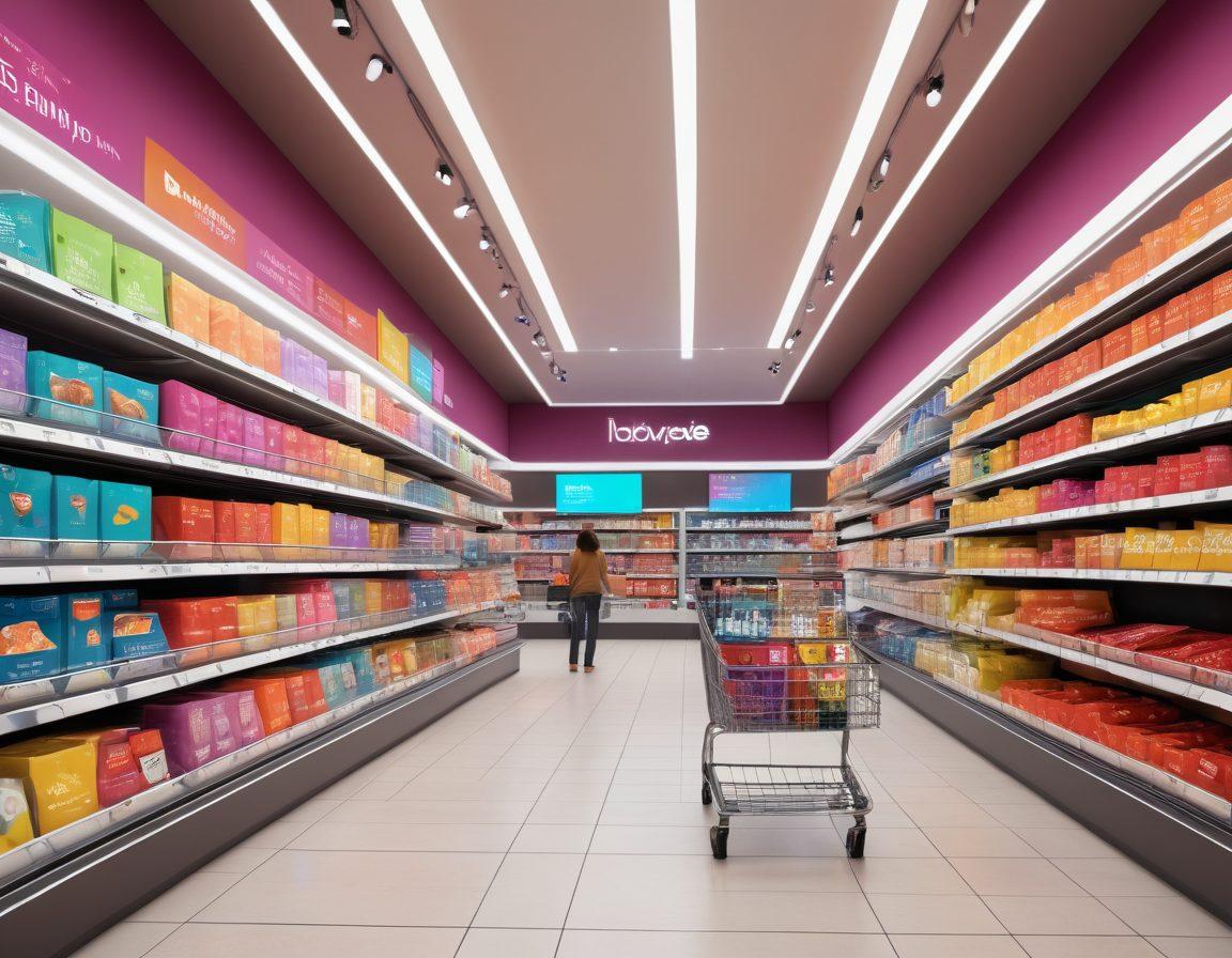 A modern retail setting showcasing diverse shoppers engaging with interactive, digital displays. Incorporate elements like charts, graphs, and shopping carts filled with various products symbolizing consumer insights. Include a vibrant marketplace atmosphere with bright colors and people of different backgrounds. Illustrate a futuristic shopping experience that emphasizes technology and data analysis. super-realistic. vibrant colors. 3D.