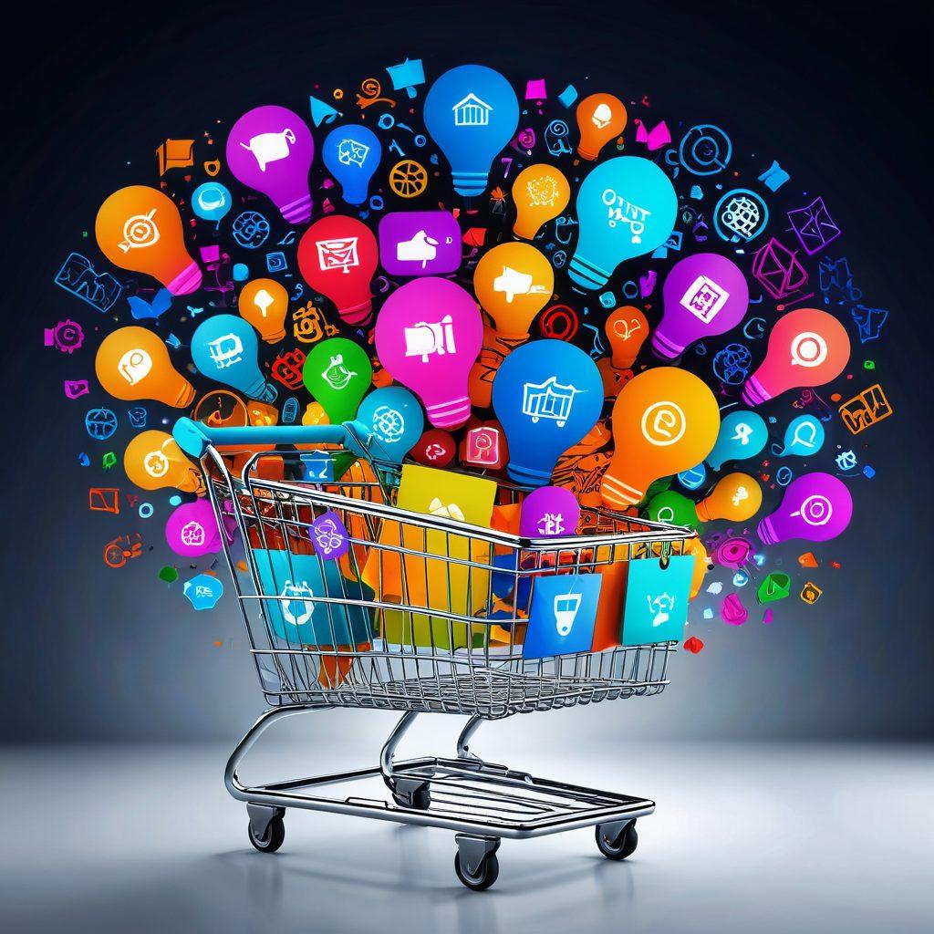 A shopping cart overflowing with vibrant virtual shopping icons, like discount tags and product images, set against an abstract digital backdrop symbolizing the online marketplace. Highlight the concepts of smart shopping with glowing lightbulbs and charts around the cart, representing analytics and savings. Include a seamless blend of everyday items like clothes and electronics in a chaotic but organized fashion. vibrant colors. digital art. 3D.