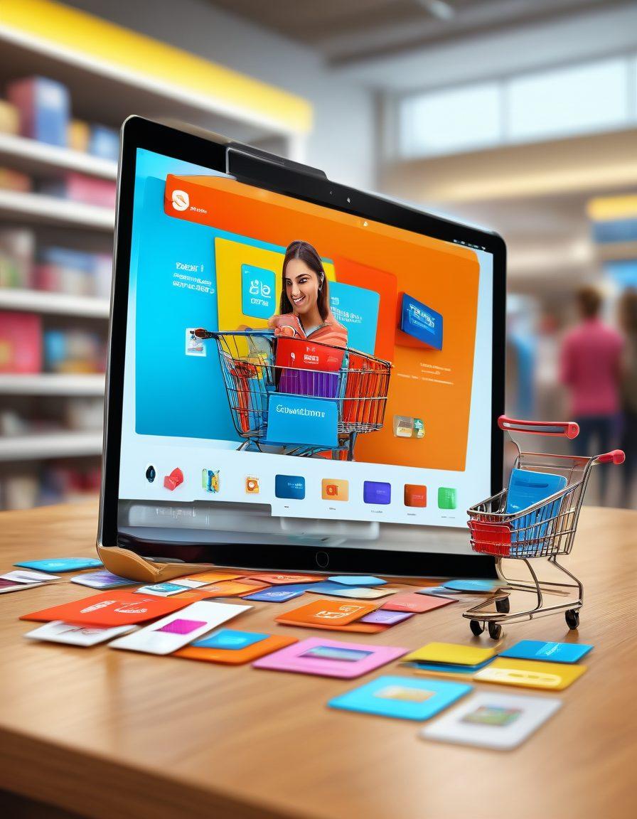 A visually engaging e-commerce scene displaying a digital blueprint on a tablet, featuring discounts and product recommendations represented by colorful tags and icons. Include elements like shopping carts, product images, and a diverse group of people happily shopping. The background should have a modern, tech-inspired design with bright colors that attract attention. super-realistic. vibrant colors. 3D.